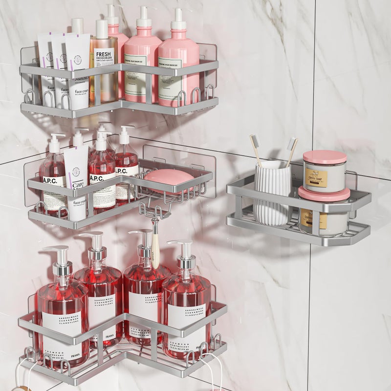 Youvip 4-Pack Adhesive Corner Shower Caddy with Soap Holder, No Drilling Wall Mounted Shower Shelves-Rustproof, Organizer for Bathroom, Kitchen & Home Decor. Silver - Image 5